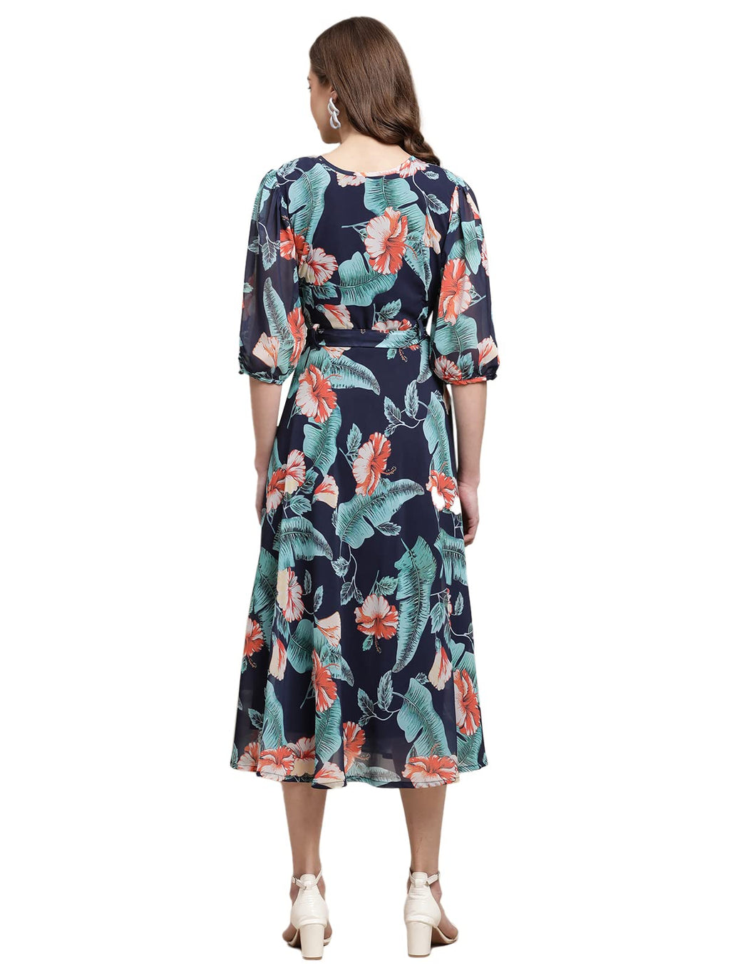 Preneum WomenS Maxi Fit & Flare Latest Style Print Georgette Regular Sleeves Casual Summer Maxi | Festival & Occasion, Navy Blu