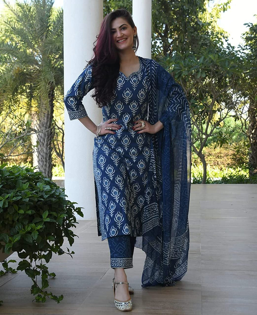 ANNI DESIGNER Womens Rayon Straight Printed Kurta with Pant & Dupatta(Bulgeriya-Blue_S_Blue_Small)