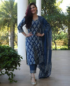 ANNI DESIGNER Womens Rayon Straight Printed Kurta with Pant & Dupatta(Bulgeriya-Blue_S_Blue_Small)