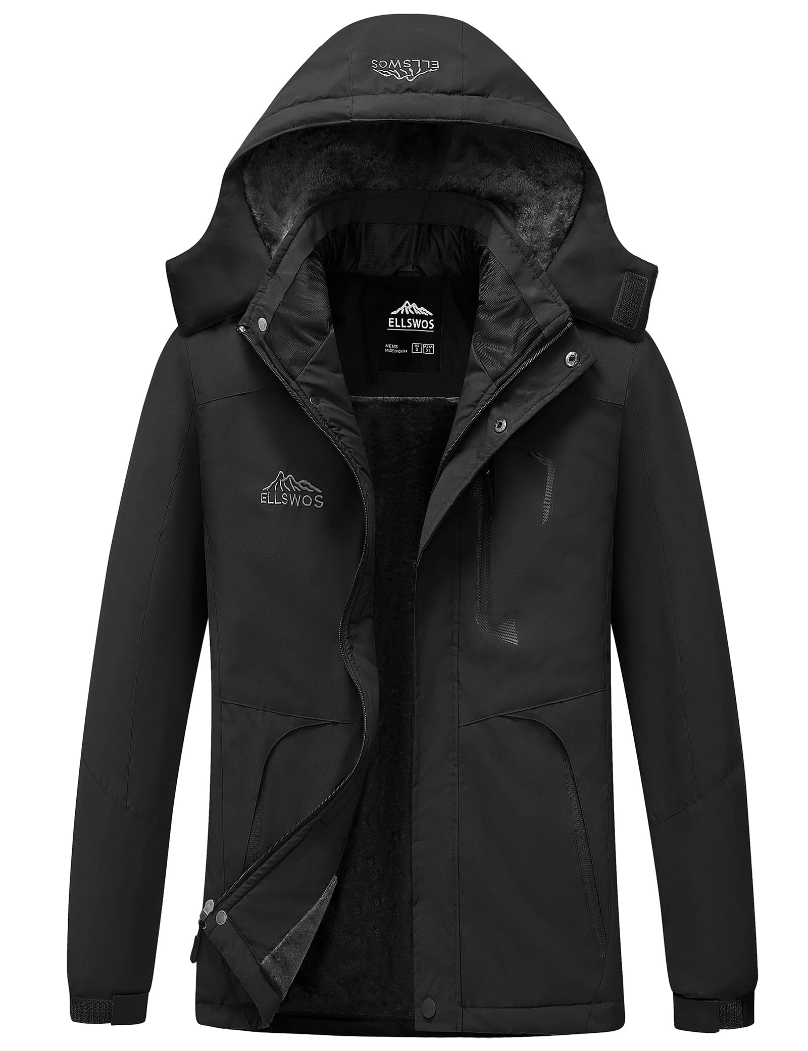 ELLSWOS Men's Waterproof Ski Jacket Winter Snow Coat Warm Hooded Raincoat Windproof Windbreakers, Black, Medium