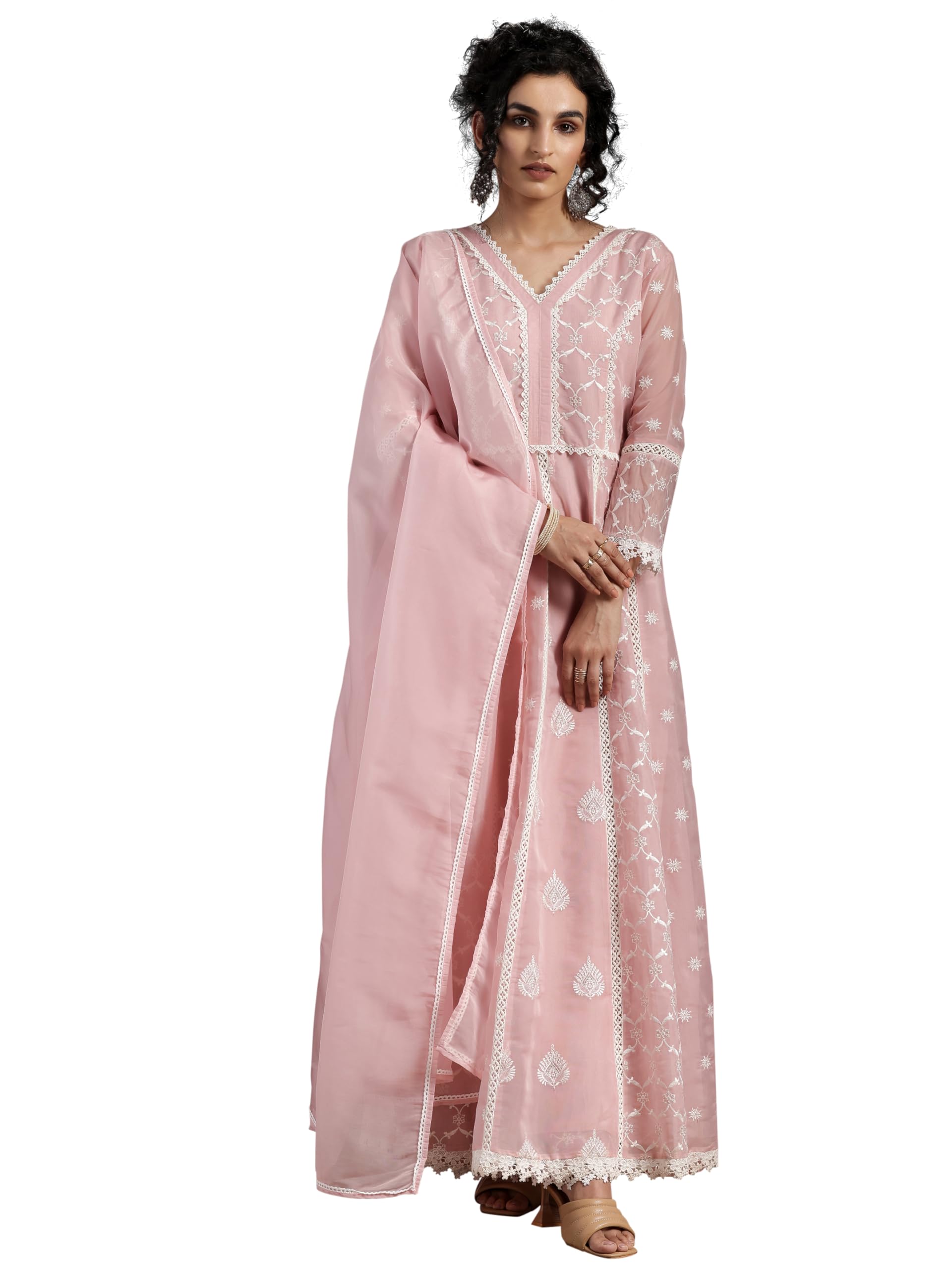 Libas Womens Embroidered Organza A-Line Kurta With Palazzos And Dupatta