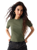 The Souled Store Ribbed T-Shirt: Olive Women and Girls Short Sleeves Round Neck Polyester Blend Regular Fit T-Shirts
