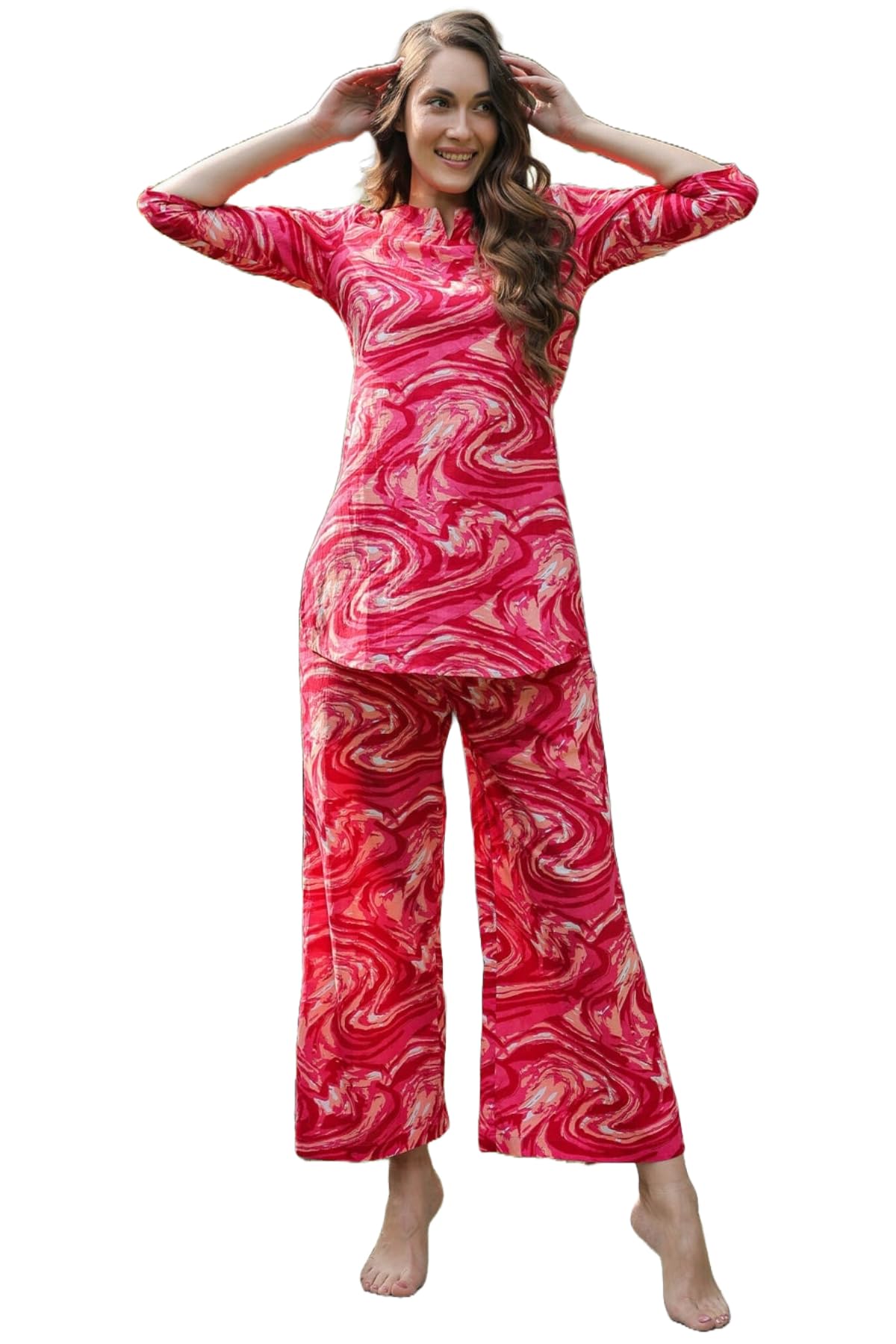 ANNI DESIGNER Womens Rayon Blend Straight Printed Co-Ord Set (Bhata Pink_XL_Pink_X-Large)