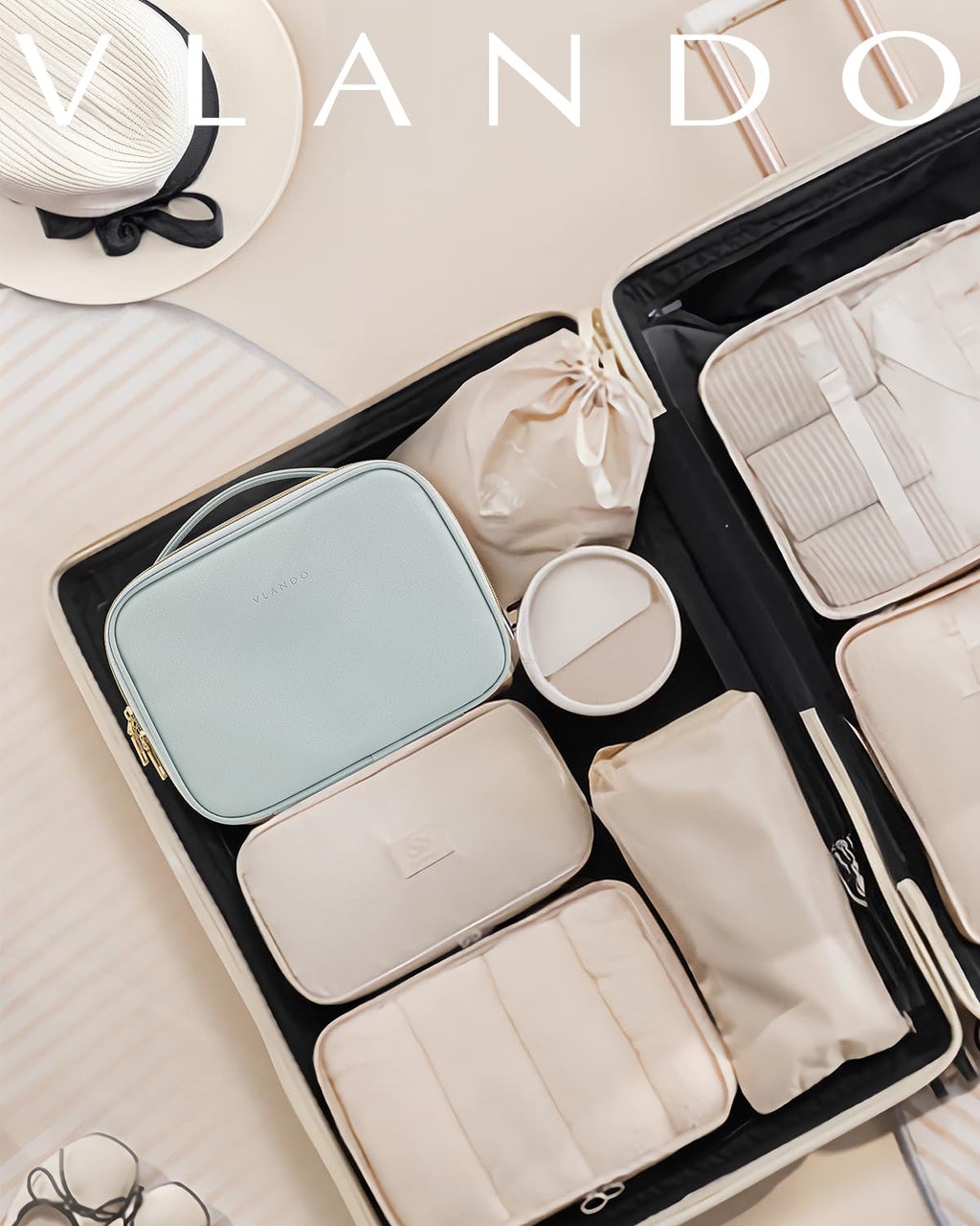 Vlando Travel Makeup Bag Faux Leather Large Make Up Bag Cosmetic Case Organizer Portable Makeup Travel Bag for Women with Adjust