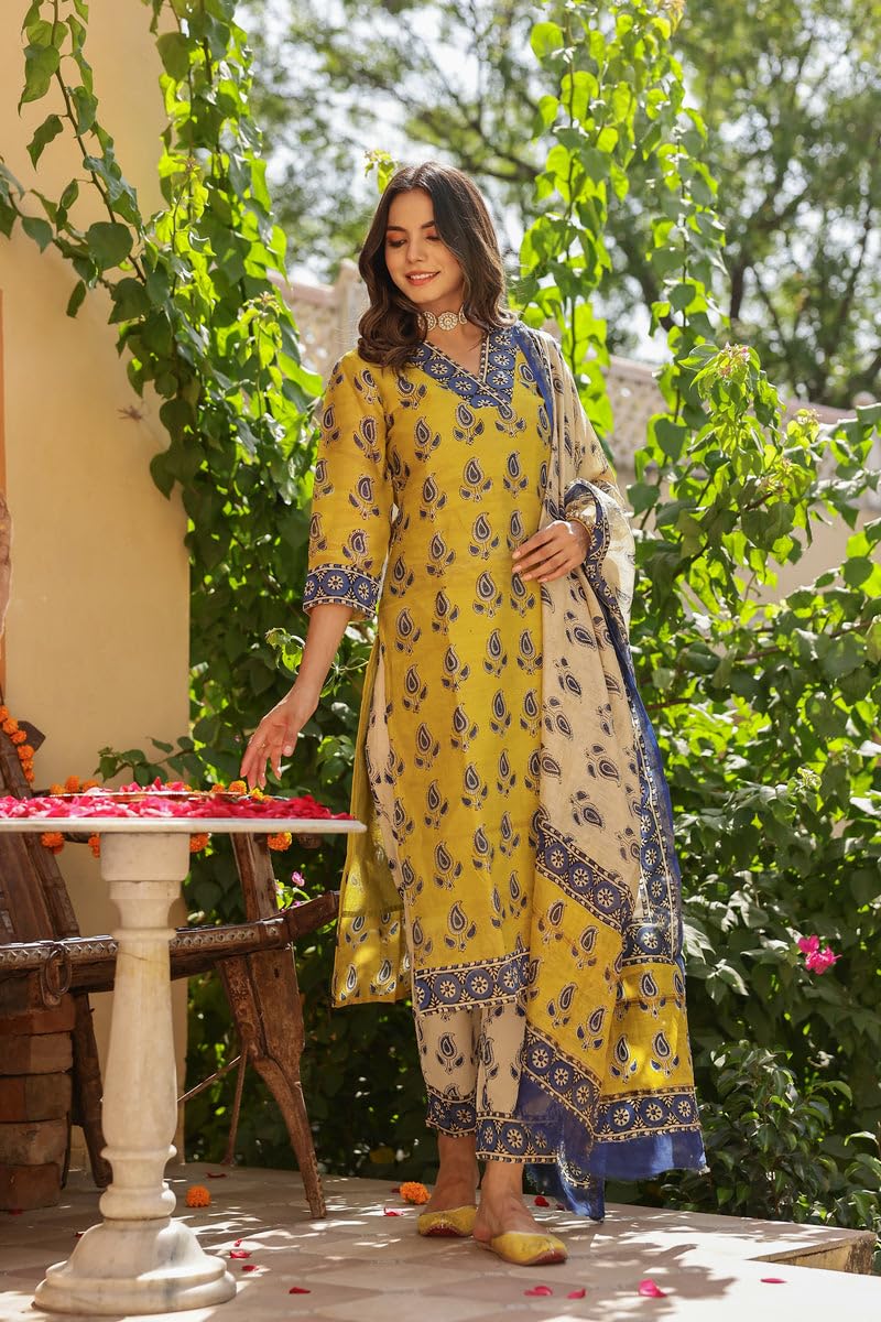 ANNI DESIGNER Women s Rayon Blend Kurta with Pants and Dupatta, Mustard, L