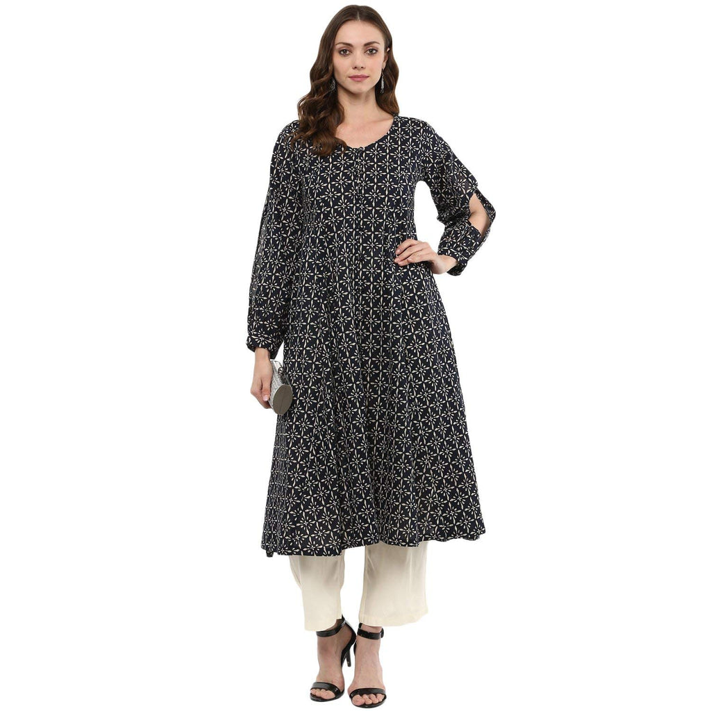 Idalia Cotton Blend Kurta Set For Women, 3/4 Sleeve, Calf-Length, Elegant Design For Special Occasions Navy Blue