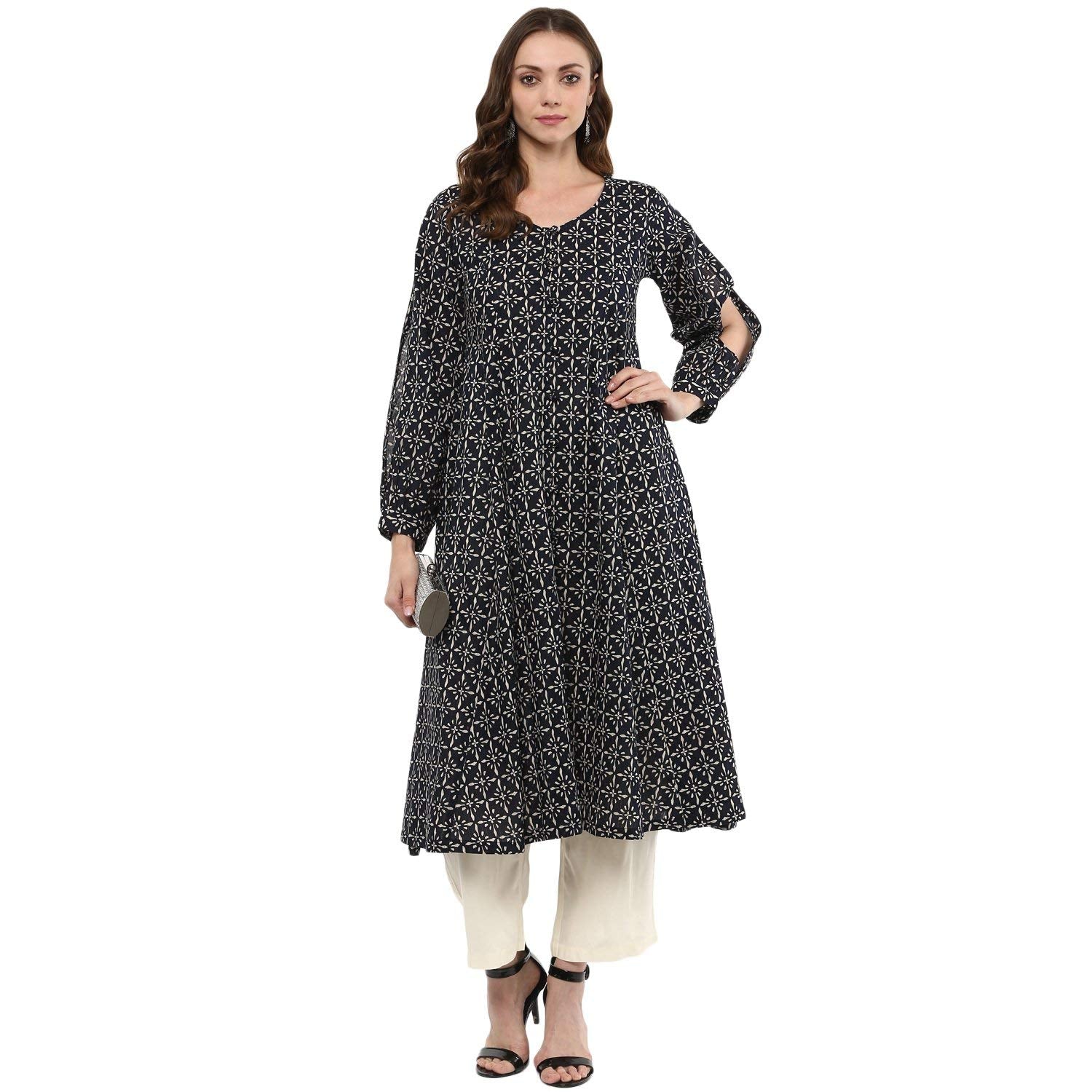 Idalia Cotton Blend Kurta Set For Women, 3/4 Sleeve, Calf-Length, Elegant Design For Special Occasions Navy Blue
