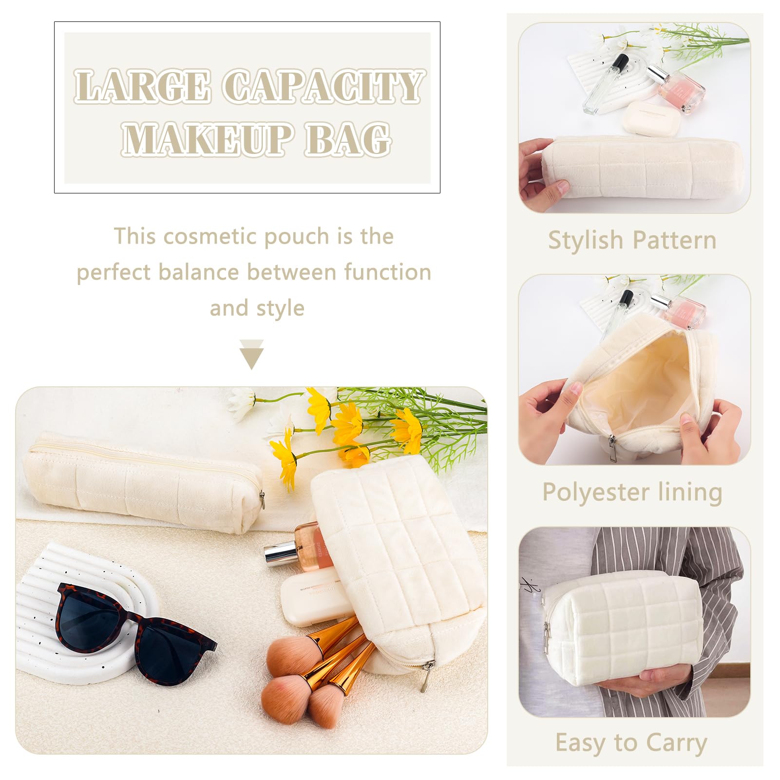 2Pcs Makeup Bag for Women Girls Pencil Pouch Travel Small Cosmetic Bag Set Cute Plush White Makeup Pouch Purse Pencil Case Penci