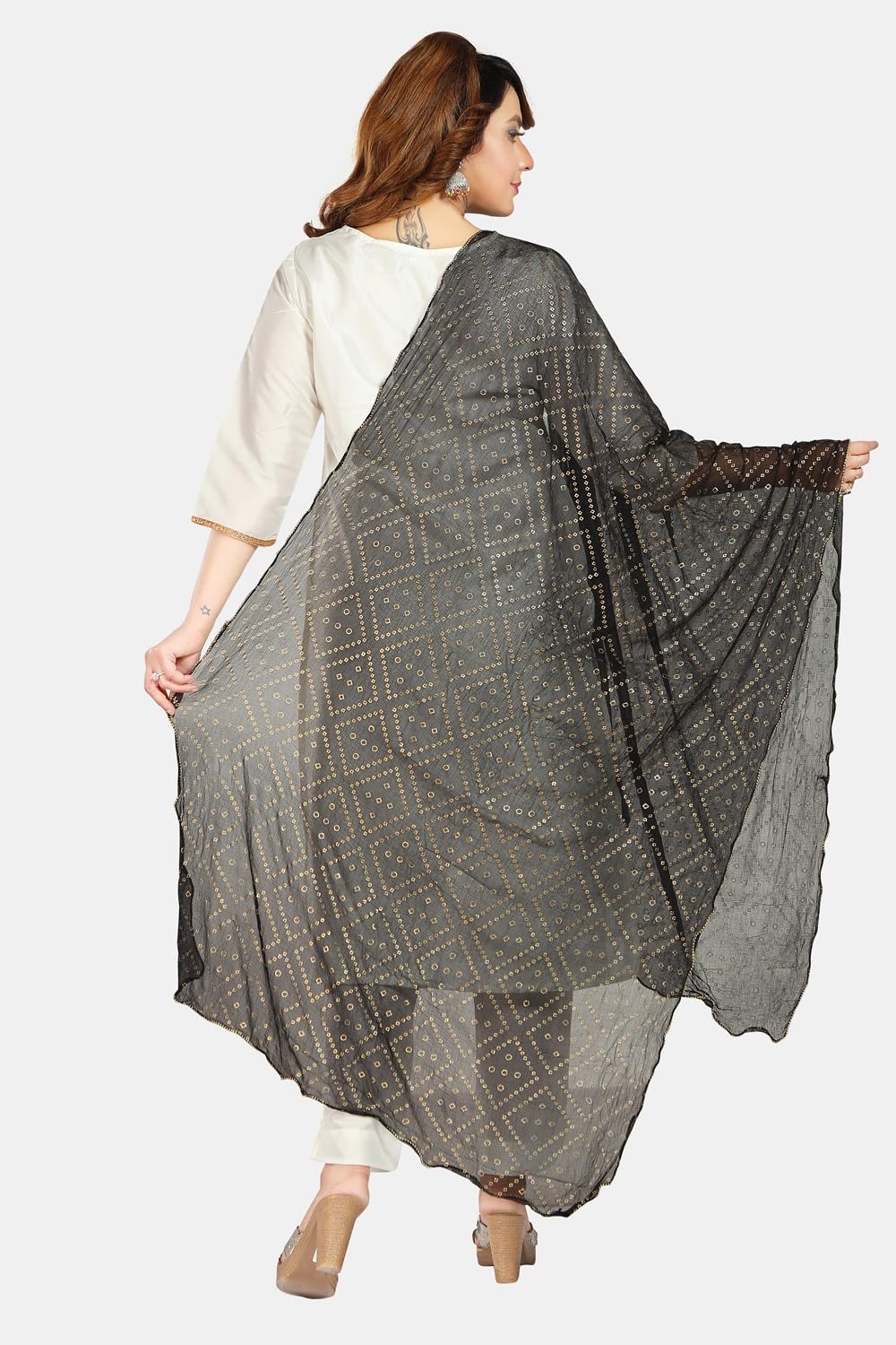 Fabme Women'S Printed Dupatta With Embellish Golden Border Black Red - Pack Of 2