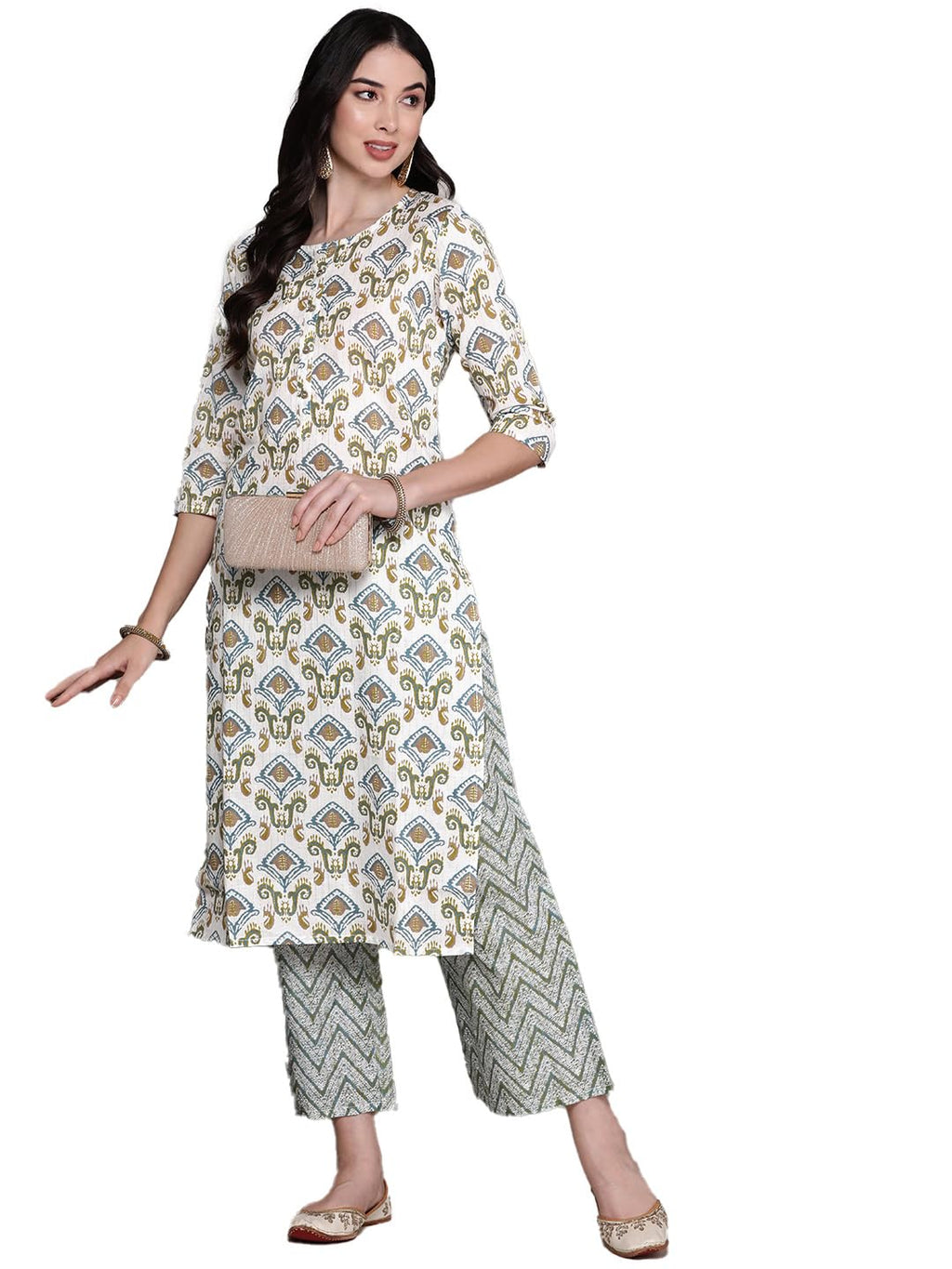 Anubhutee Women'S Pure Cotton Ethnic Motifs Printed Off-White Straight Kurta Suit Set With Trousers