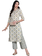 Anubhutee Women'S Pure Cotton Ethnic Motifs Printed Off-White Straight Kurta Suit Set With Trousers