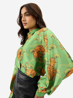 The Souled Store Folk Tiger Women and Girls Long Sleeve Collared Neck Button Down All Over Print Polyester Shirts Green