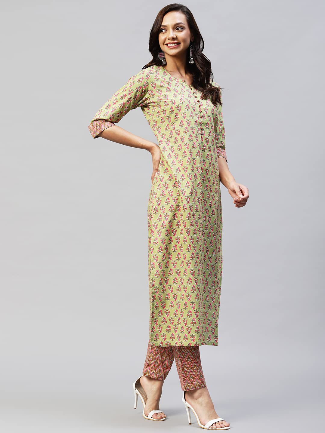 ANNI DESIGNER Womens Cotton Blend Straight Printed Kurta with Pant (Padwil Green_XXL_ Green_XX-Large)