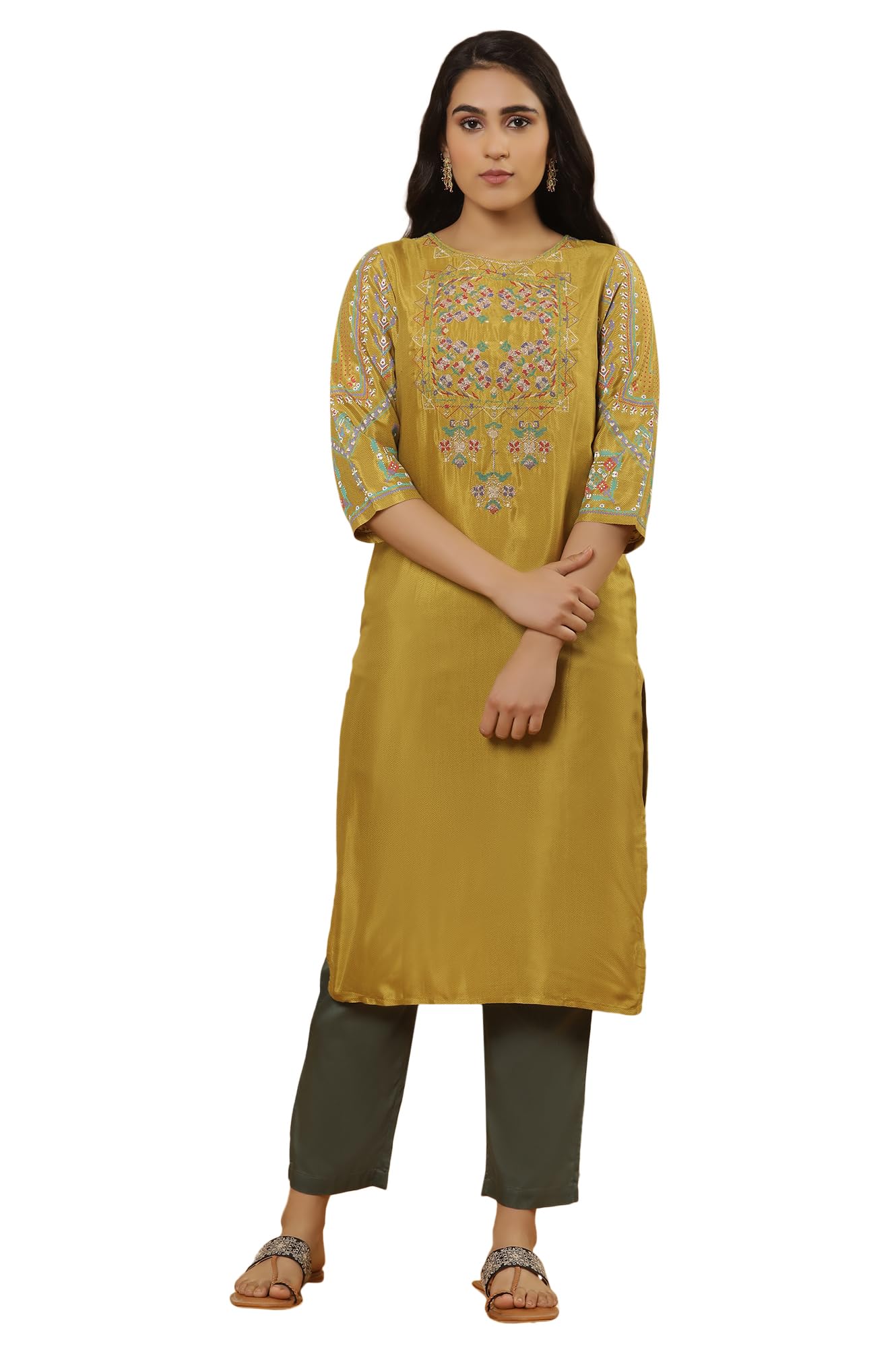 W Yellow Embroidered Women'S Kurta And Pant Set