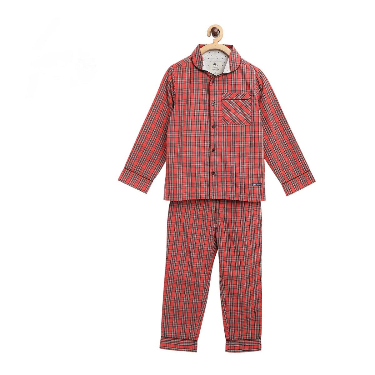 Cherry Crumble Red Checkered 100% Cotton Full Sleeves Peter Pan Collar Night Wear Regular Fit Summer Nightsuit for Boys and Girl 18-24