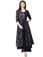 Ishin WomenS Cotton Black Foil Printed A-Line Kurta Set With Palazzo & Jacket
