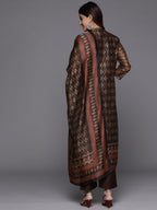 Varanga Women Brown Ethnic Printed Straight Kurta With Bottom And Dupatta