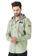 Besix MenS Green Tailored Fit Cotton Blend Shirt For Man With Hoodie - Casual Long Sleeve Shirt With Pockets - Patch Detail For