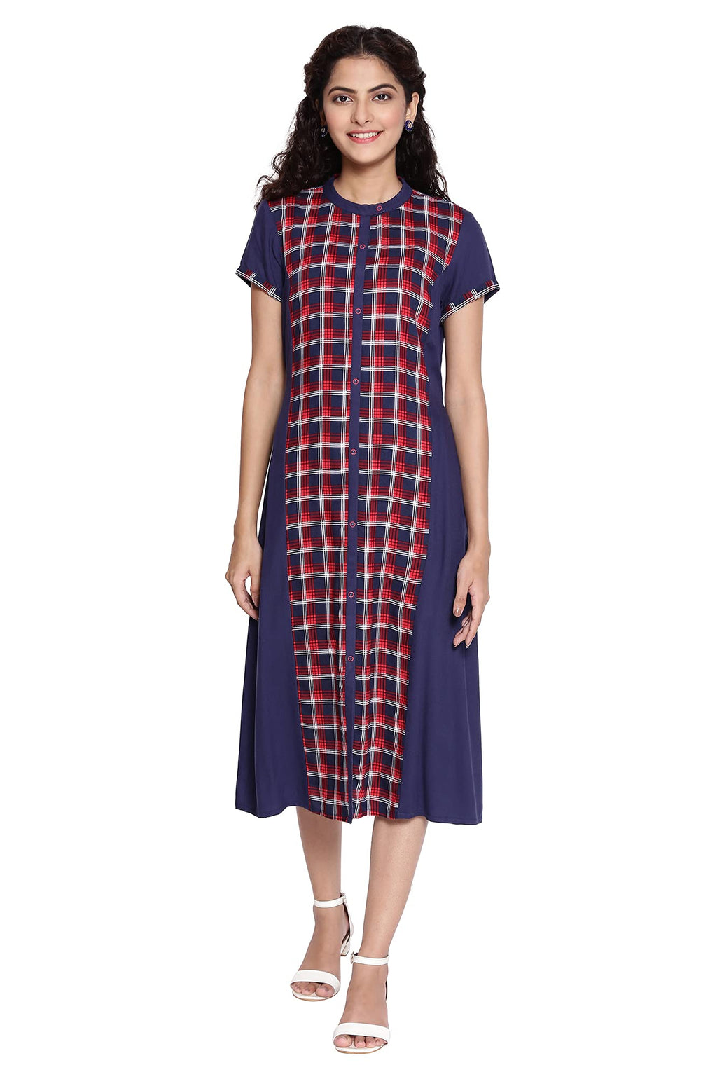 Aurelia WomenS Viscose Dark Blue Mandarin Collar Gathered Dress Knee-Length (21Aua12360-503300 L)