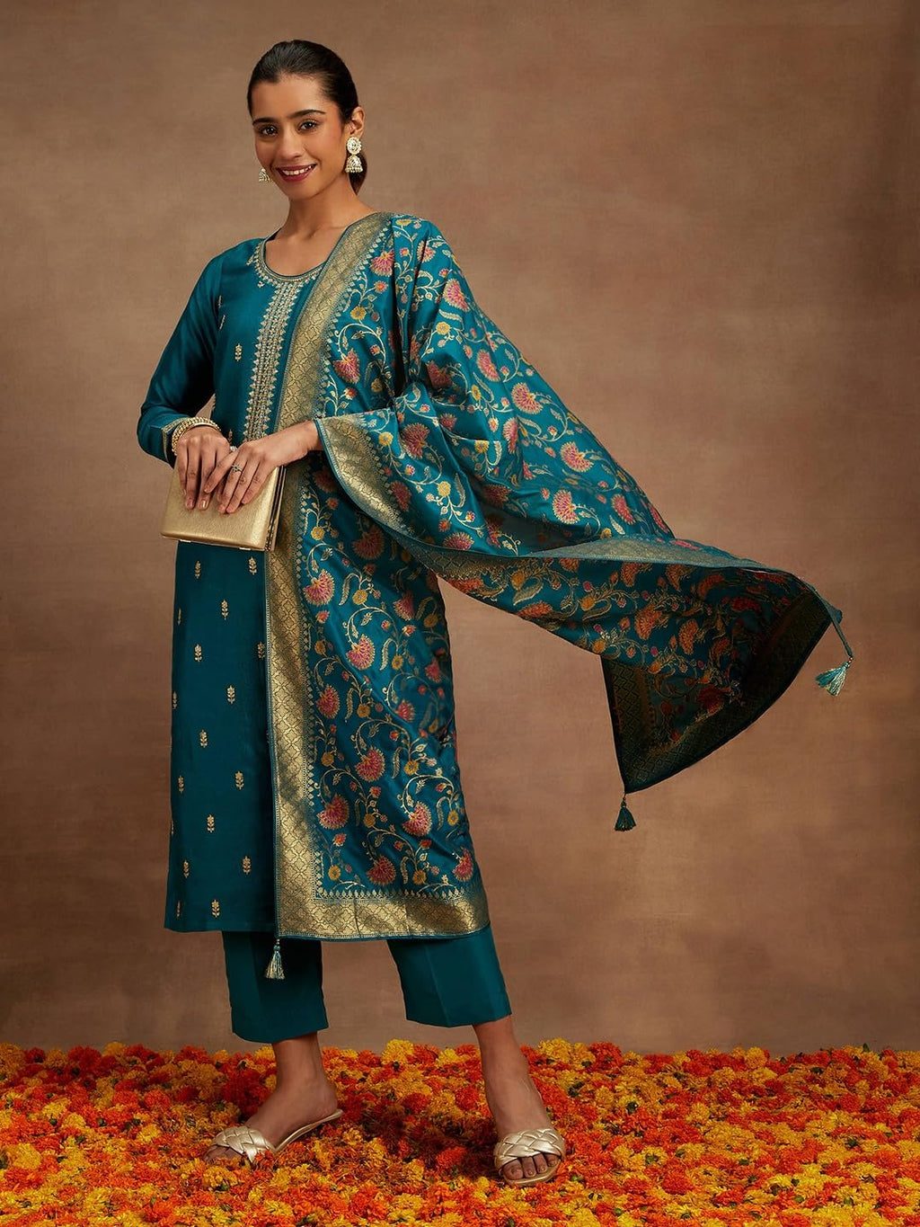 Libas WomenS Silk Blend Kurta Sets (48060_Teal