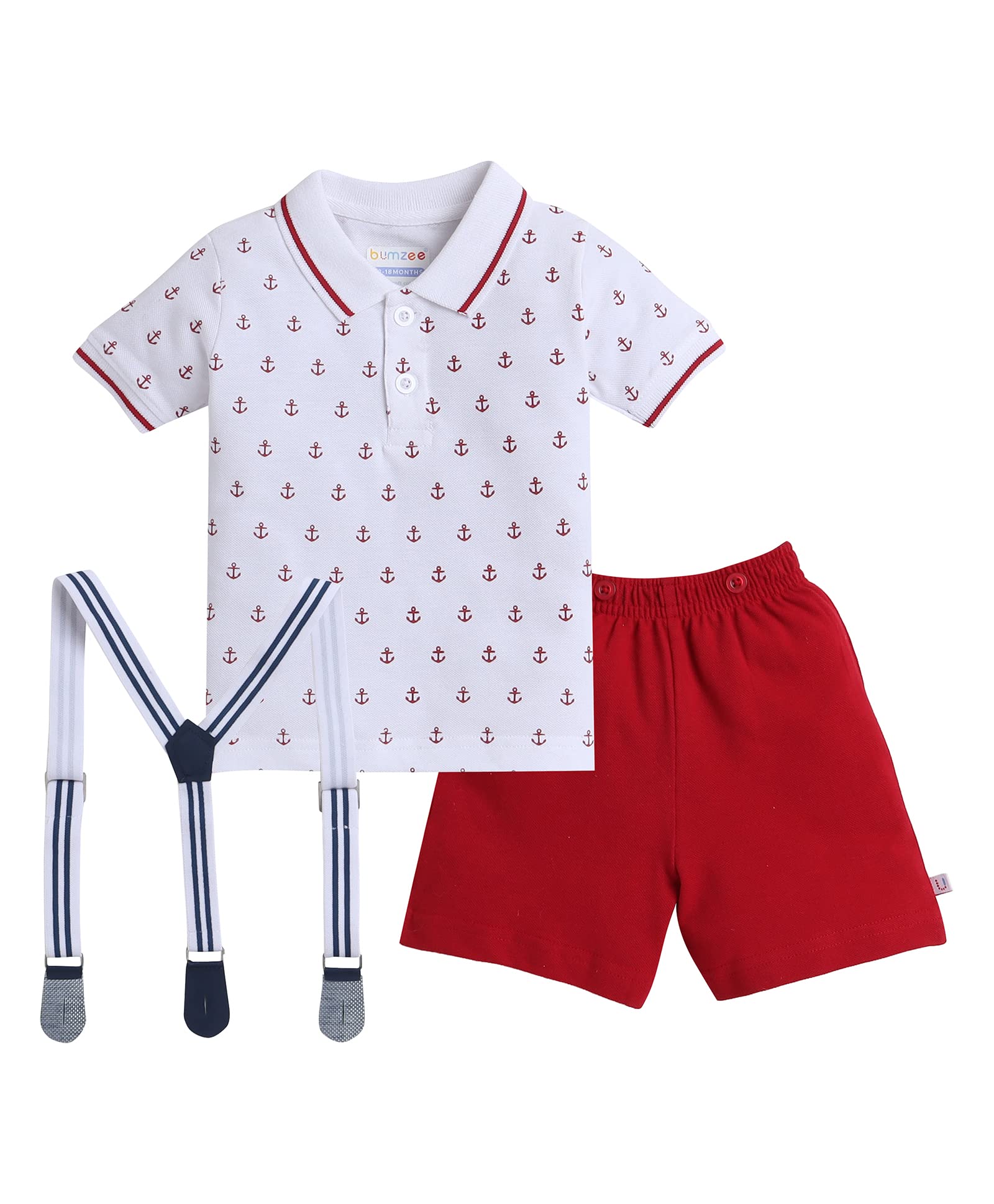 Bumzee White & Green Boys Half Sleeves T-Shirt & Short Set With Suspender Age - 18-24 Months (Peb8047E-Wht.Grn)