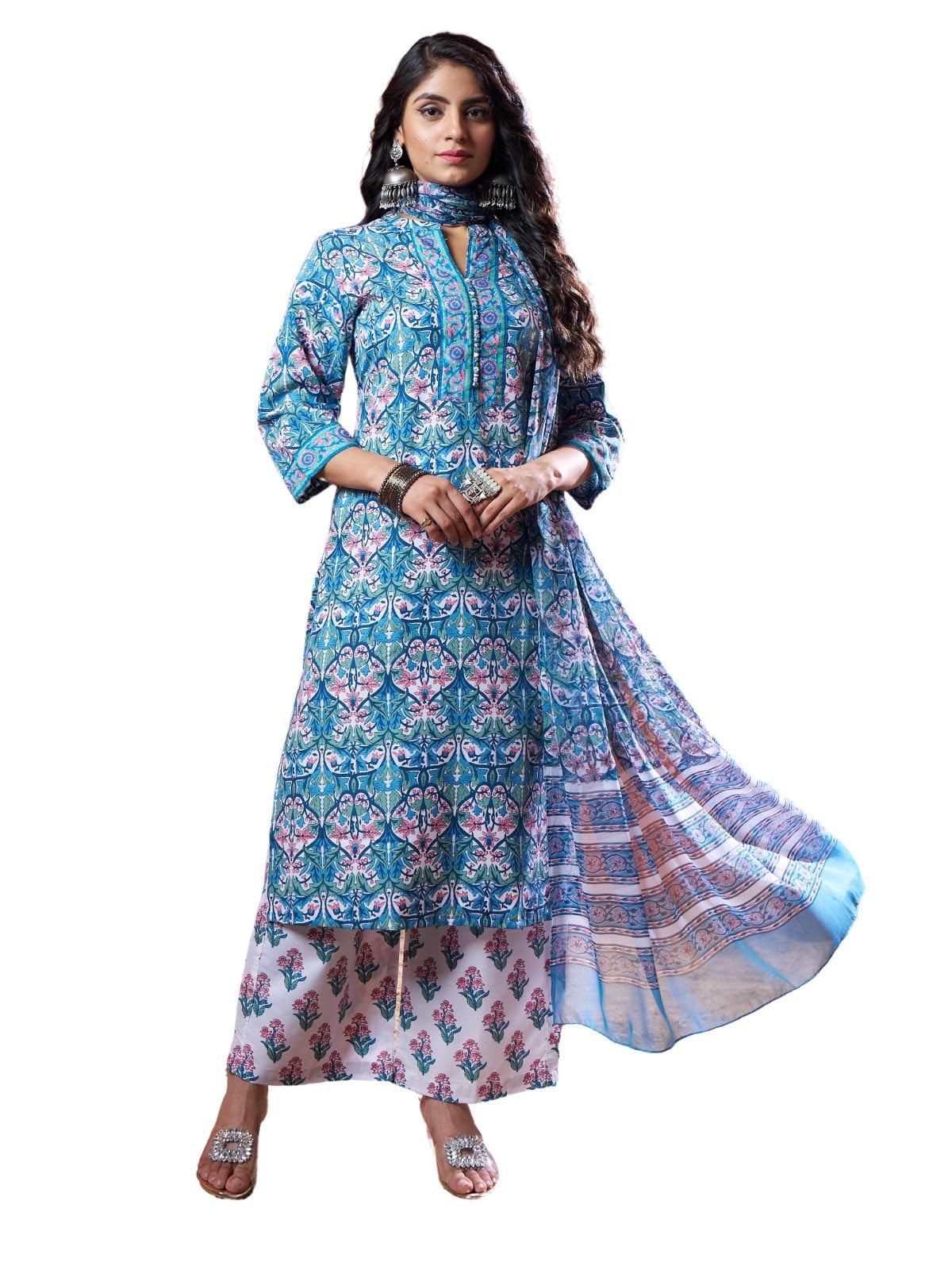 Greciilooks Womens Regular Cotton Blend Regular Fit Kurta Set (Turquoise, Large)