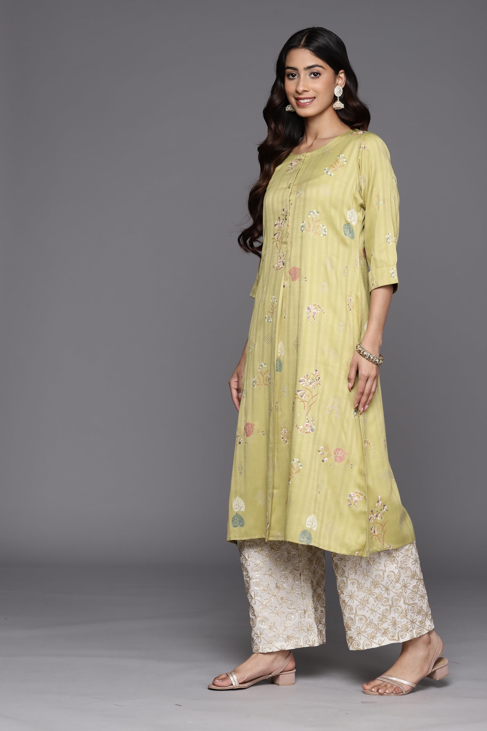 Libas Olive Printed Silk A-Line Kurta