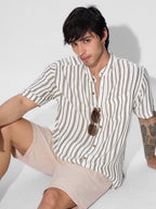 The Souled Store Stripes: Green, White Men and Boys Short Sleeves Collared Neck Button Front Regular Fit Rayon Textured Shirts