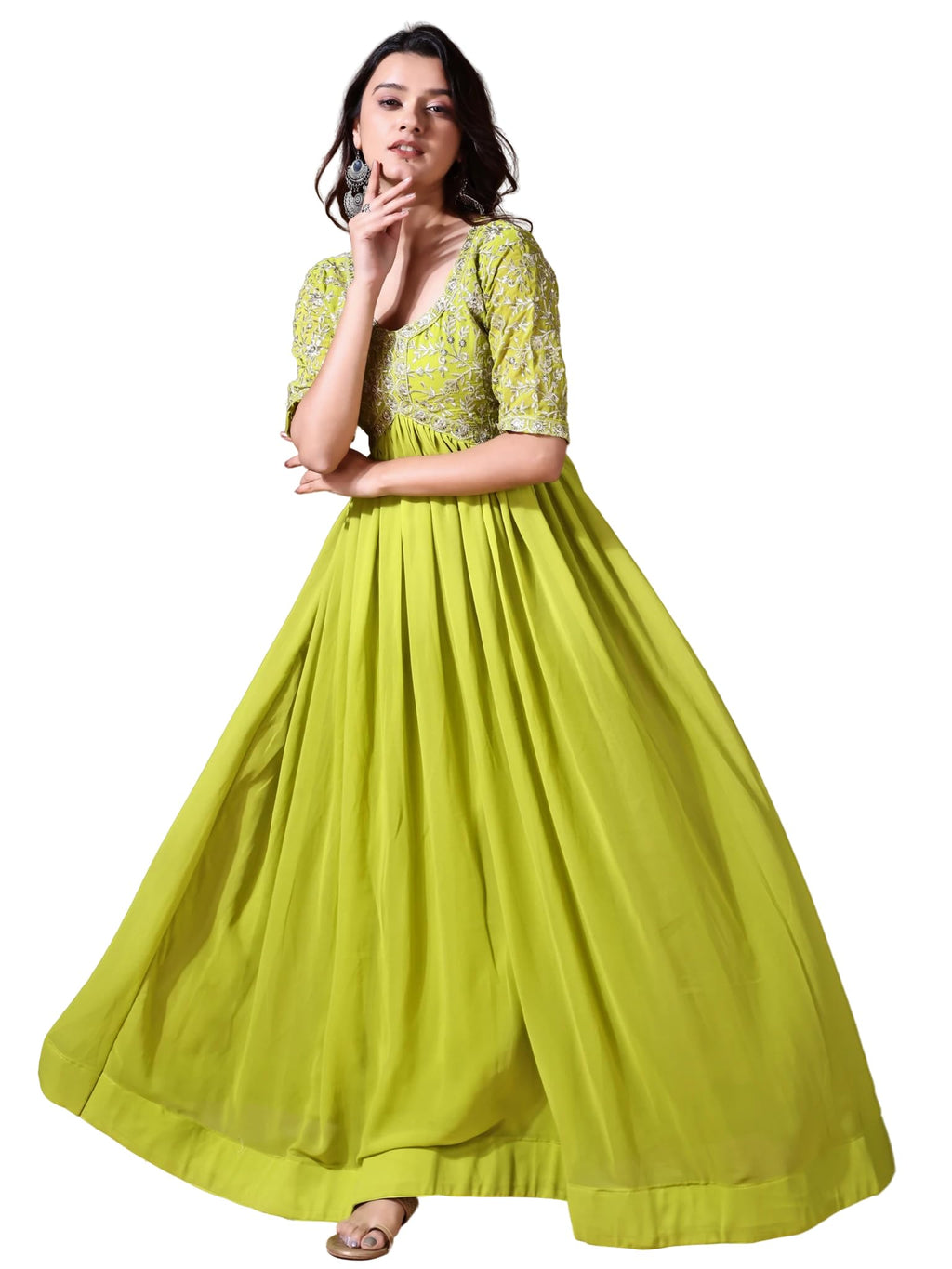 Wedani Georgette Embroidered Long Gown for Women Light Green