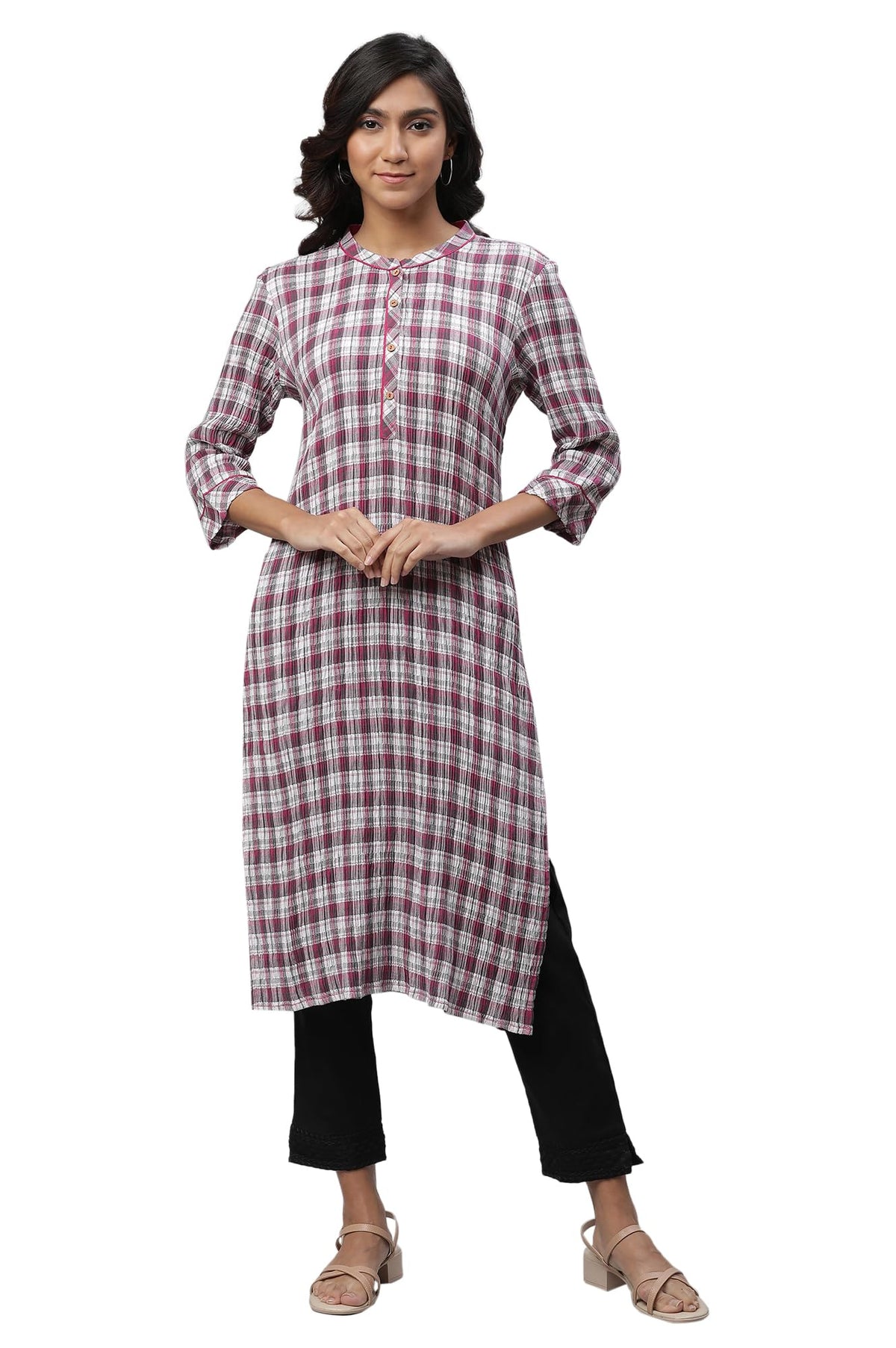 Aurelia Womens White Checks Yarn Dyed Lycra Straight Kurta_23AUA14305-704327_XS