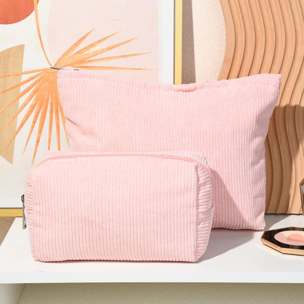 SOIDRAM 2 Pieces Makeup Bag Large Corduroy Cosmetic Bag Capacity Canvas Mix Travel Toiletry Bag Organizer Cute Makeup Brushes Ae
