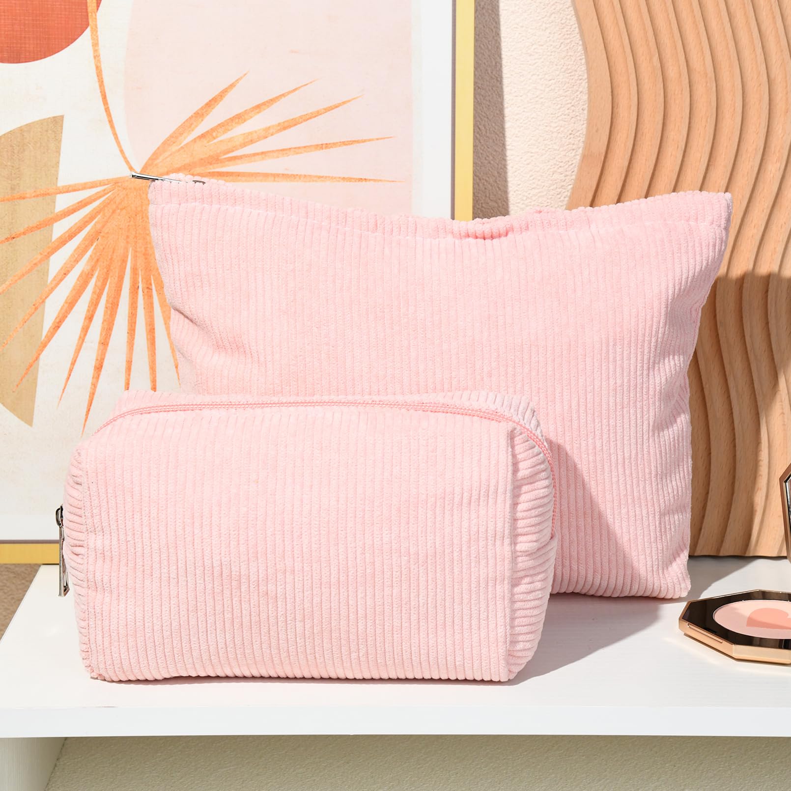 SOIDRAM 2 Pieces Makeup Bag Large Corduroy Cosmetic Bag Capacity Canvas Mix Travel Toiletry Bag Organizer Cute Makeup Brushes Ae