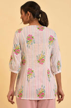 W Ecru Floral Printed Cotton Tunic Top For Women