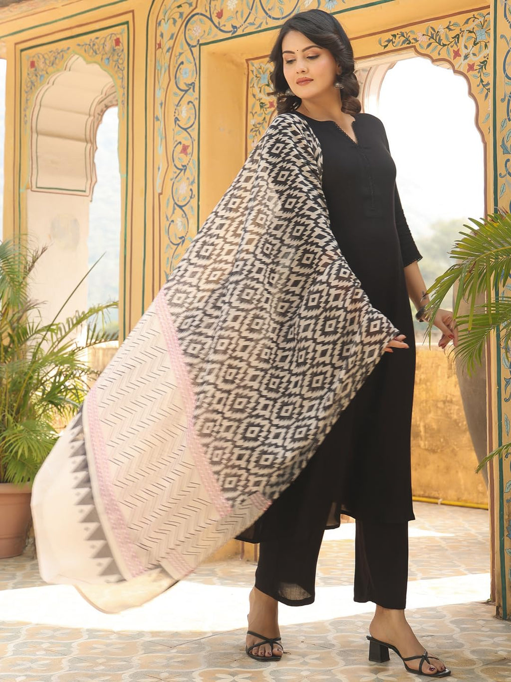 ANNI DESIGNER Ladies Plain Rayon Blend Kurta with Trousers and Dupatta, Black, XXL
