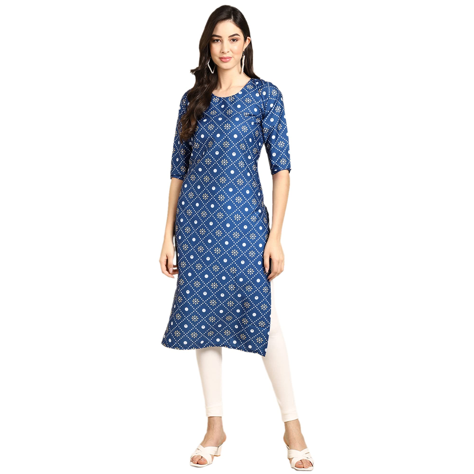 Pinkmint Stylish Womens Crepe Blue Color Ethnic Motif Printed Straight Kurti (C-530353-S)