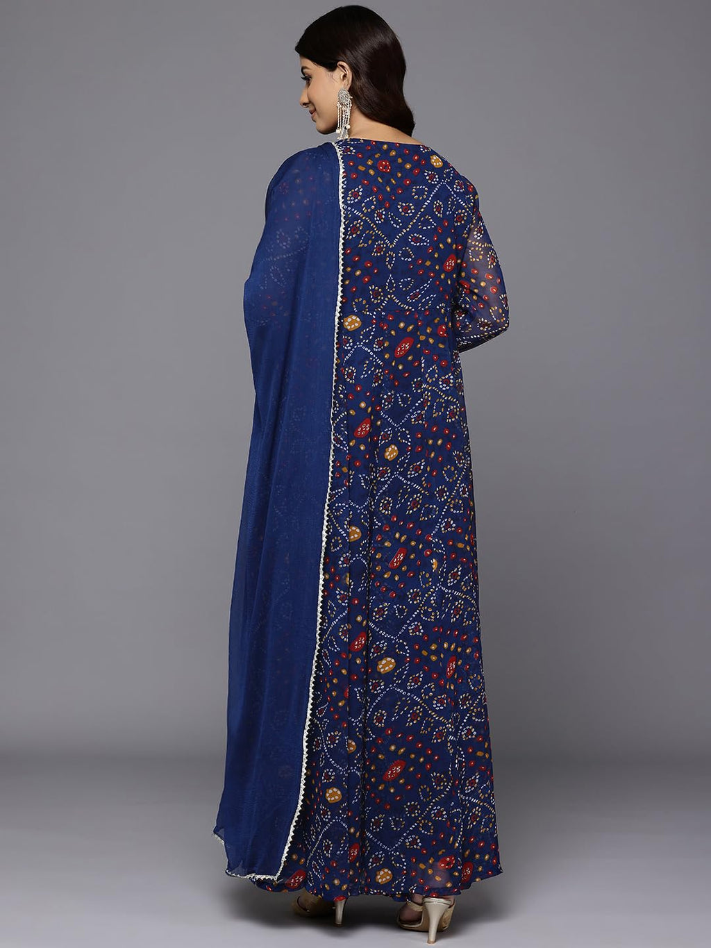 Varanga Women Bandhni Print with Gota Lace Embellished Anarkali Kurta with Dupatta Navy Blue