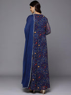 Varanga Women Bandhni Print with Gota Lace Embellished Anarkali Kurta with Dupatta Navy Blue