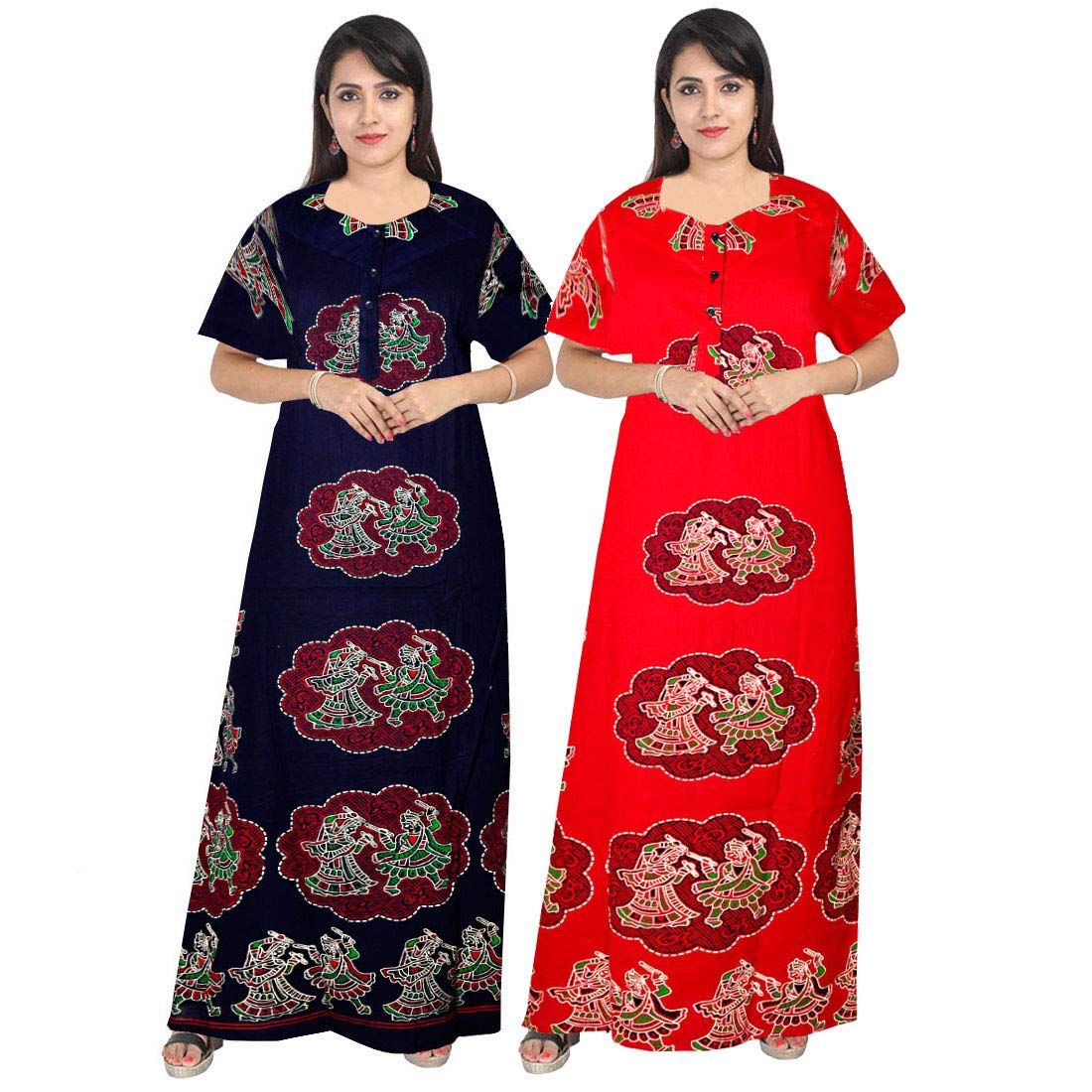 Trendy Fab Attractive WomenS 100% Cotton Printed Nightwear Maternity Maxi Gown Nightdresses (Pack Of 2) Dark Blue,Red