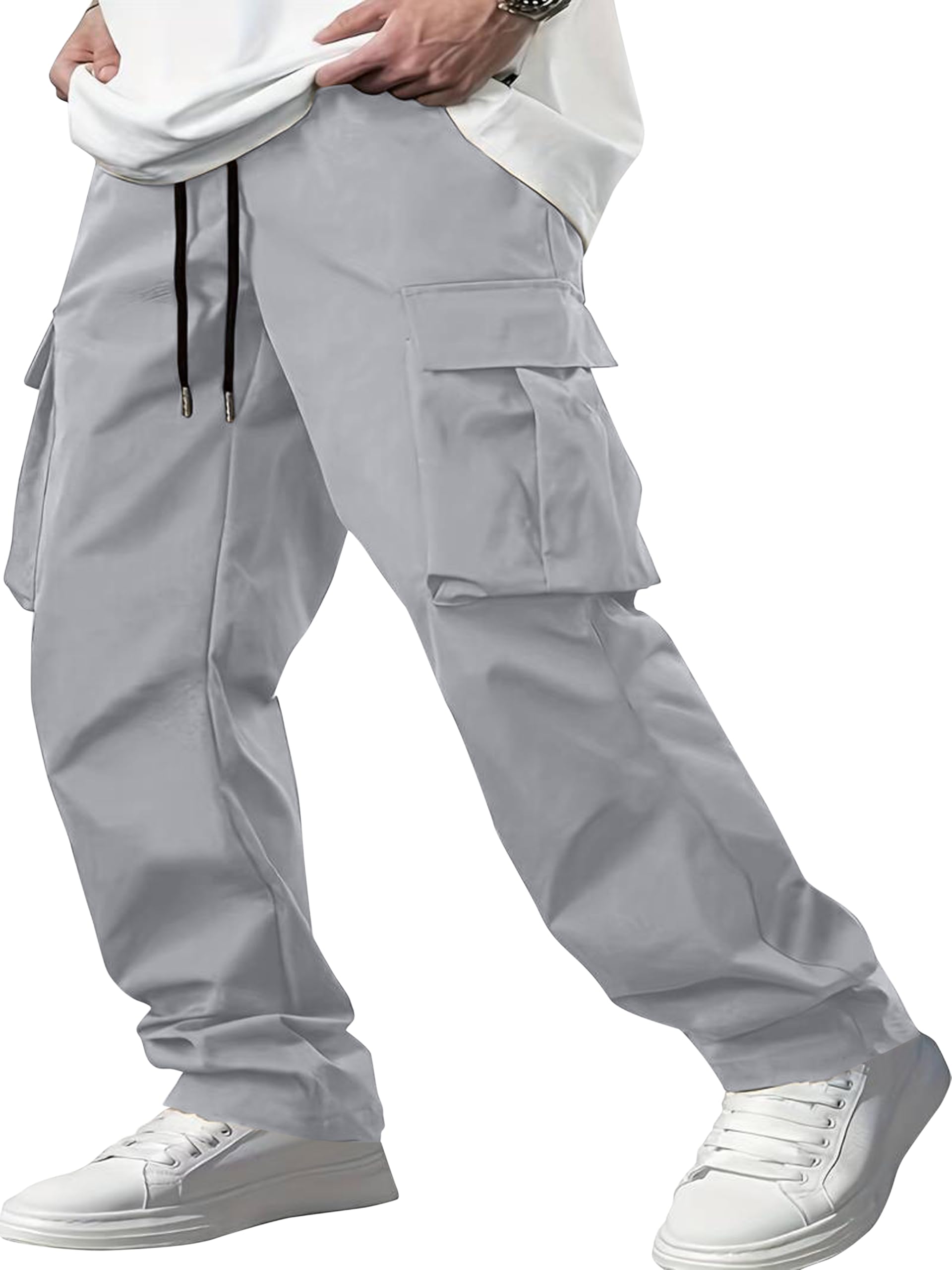 Indoprimo MenS Cotton Trousers Cargo Style With Drawstring Both Side Pockets Solid Pattern Regular Fit And Long Length Grey