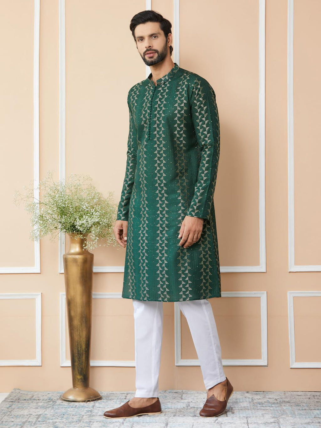 See Designs MenS Long Sleeve Mandarin Collar Side Slit Green Embroidered Thread Work Sequinned Chanderi Silk Straight Kurta - S