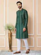 See Designs MenS Long Sleeve Mandarin Collar Side Slit Green Embroidered Thread Work Sequinned Chanderi Silk Straight Kurta - S