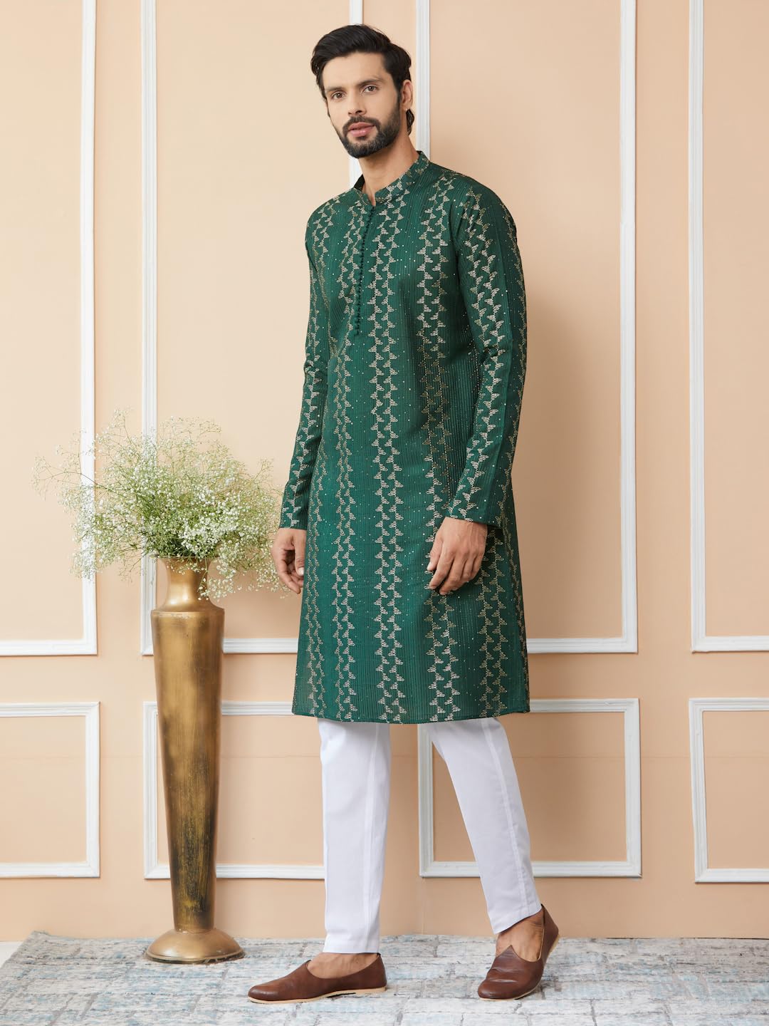 See Designs MenS Long Sleeve Mandarin Collar Side Slit Green Embroidered Thread Work Sequinned Chanderi Silk Straight Kurta - S