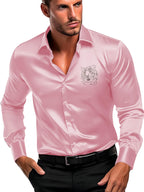 Indoprimo MenS Satin Stylish Club Wear Tiger Diamond Print Shirt Full Sleeve Peach