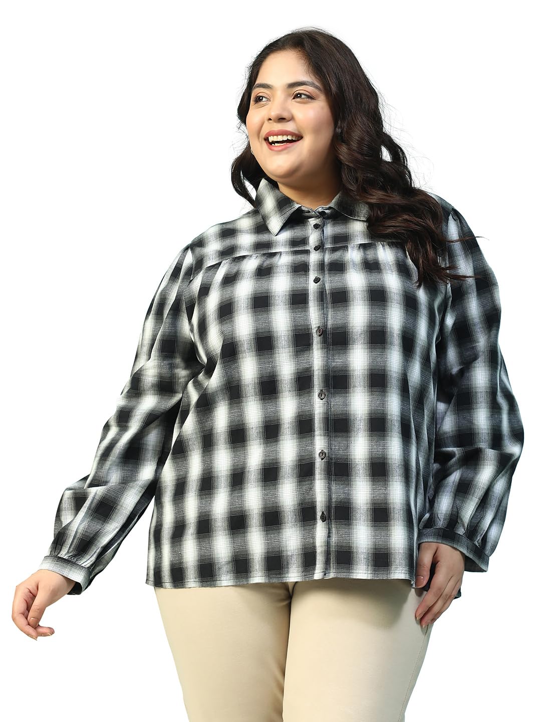oxolloxo Plus Size Black YarnDyed Check Collared Long Sleeve Button Down Dobby Meld Cotton Shirt 3
