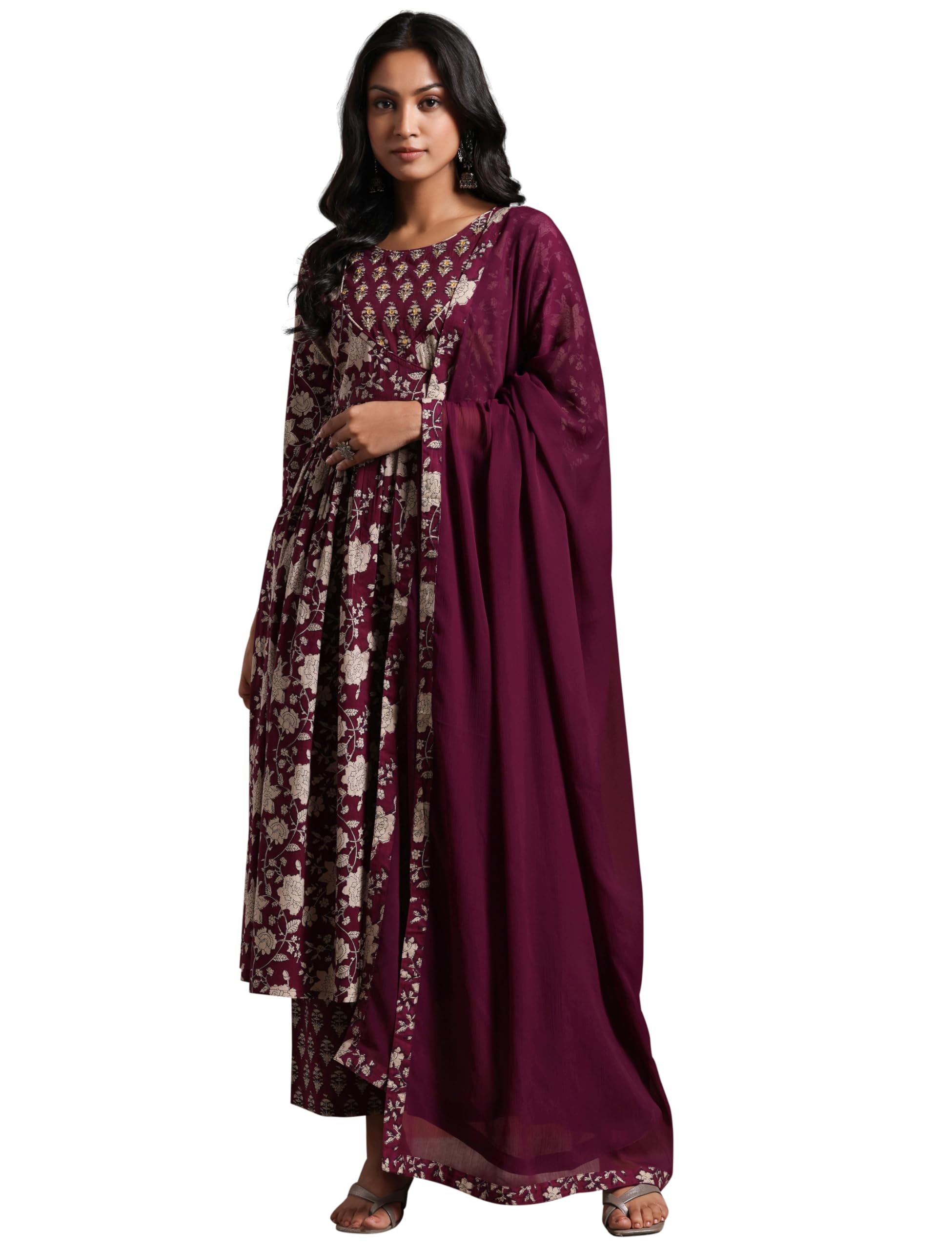 Libas Printed Pure Cotton Anarkali Kurta With Palazzo And Dupatta-27657Xxl