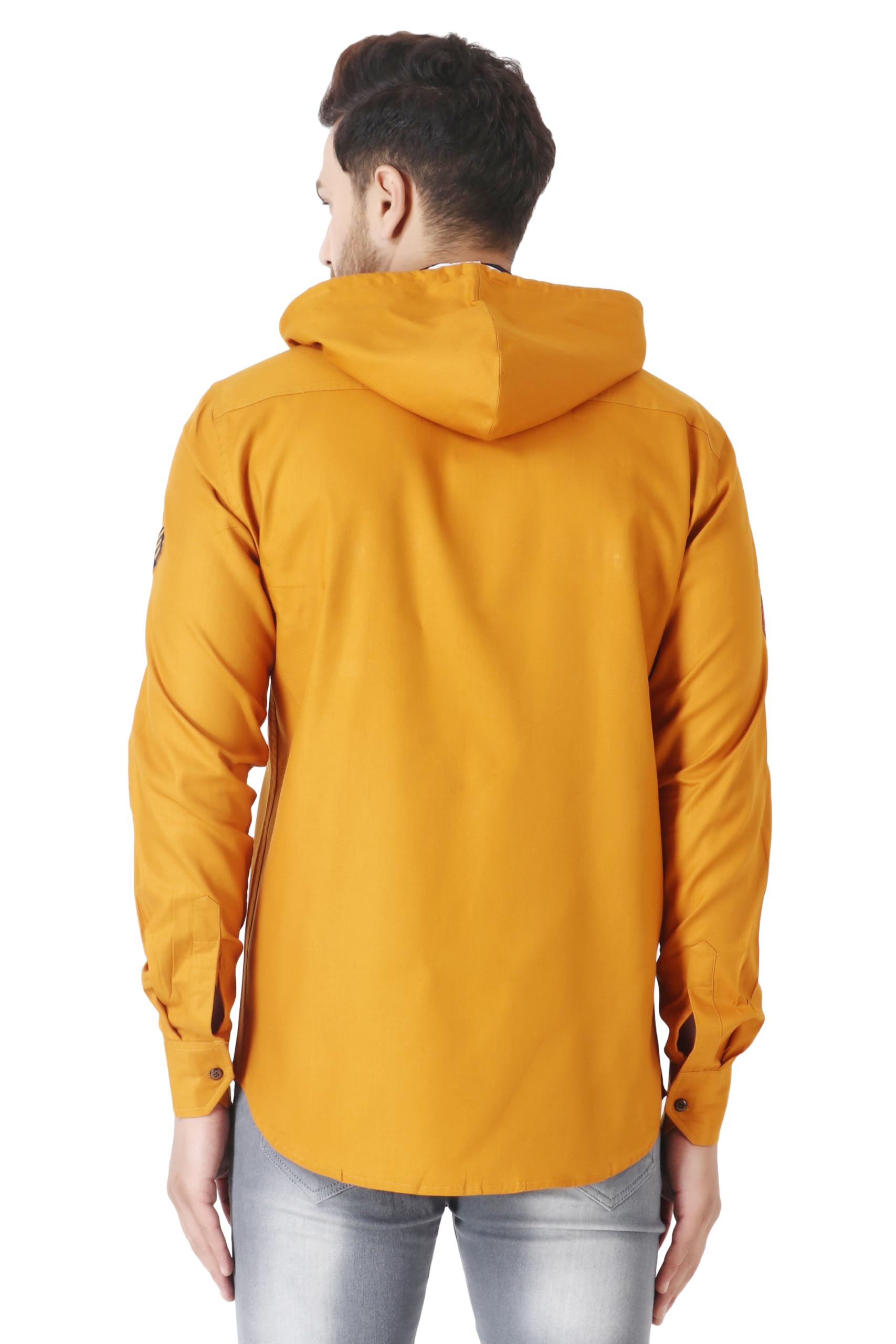 Besix MenS Orange Tailored Fit Cotton Blend Shirt For Man With Hoodie - Casual Long Sleeve Shirt With Pockets - Patch Detail Fo
