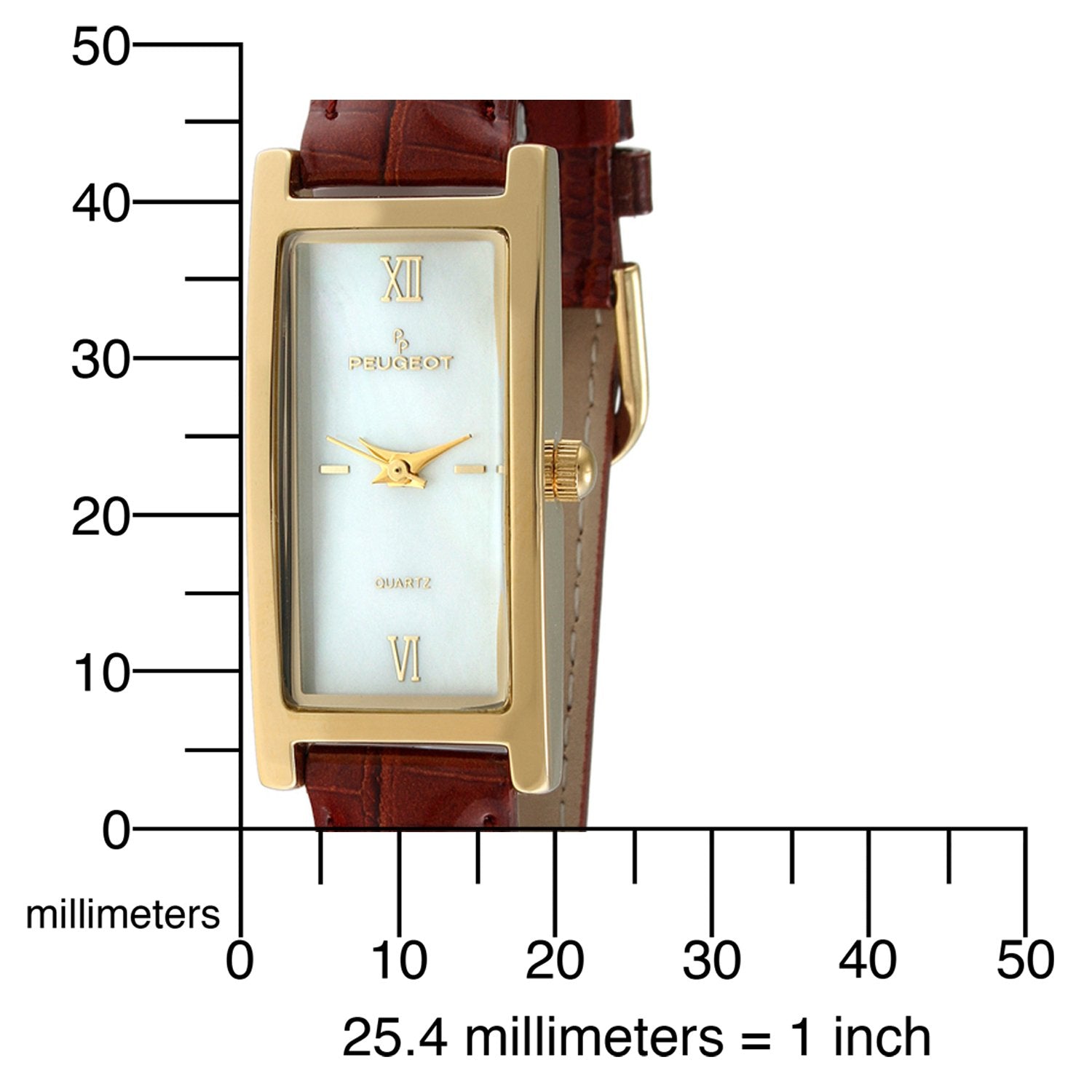 Peugeot Women's Slim 14K Gold Plated White Mother of Pearl Face Roman Numeral Brown Leather Thin Strap Dress Watch 3017BR