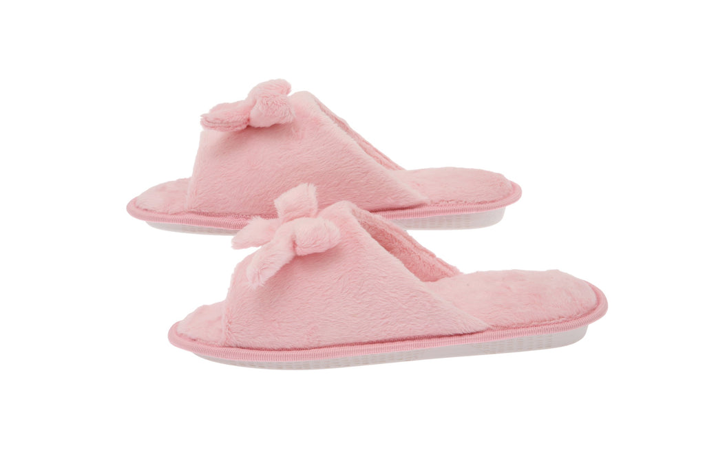 Living Health Products W1-10-pink-5-6 Womens Memory Foam House Slippers - Open Toe coral fleece slipper with butterfly tie  pink