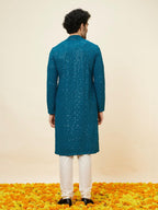 Manyavar Mens Blue Viscose Embroidered Kurta Pyjama Set