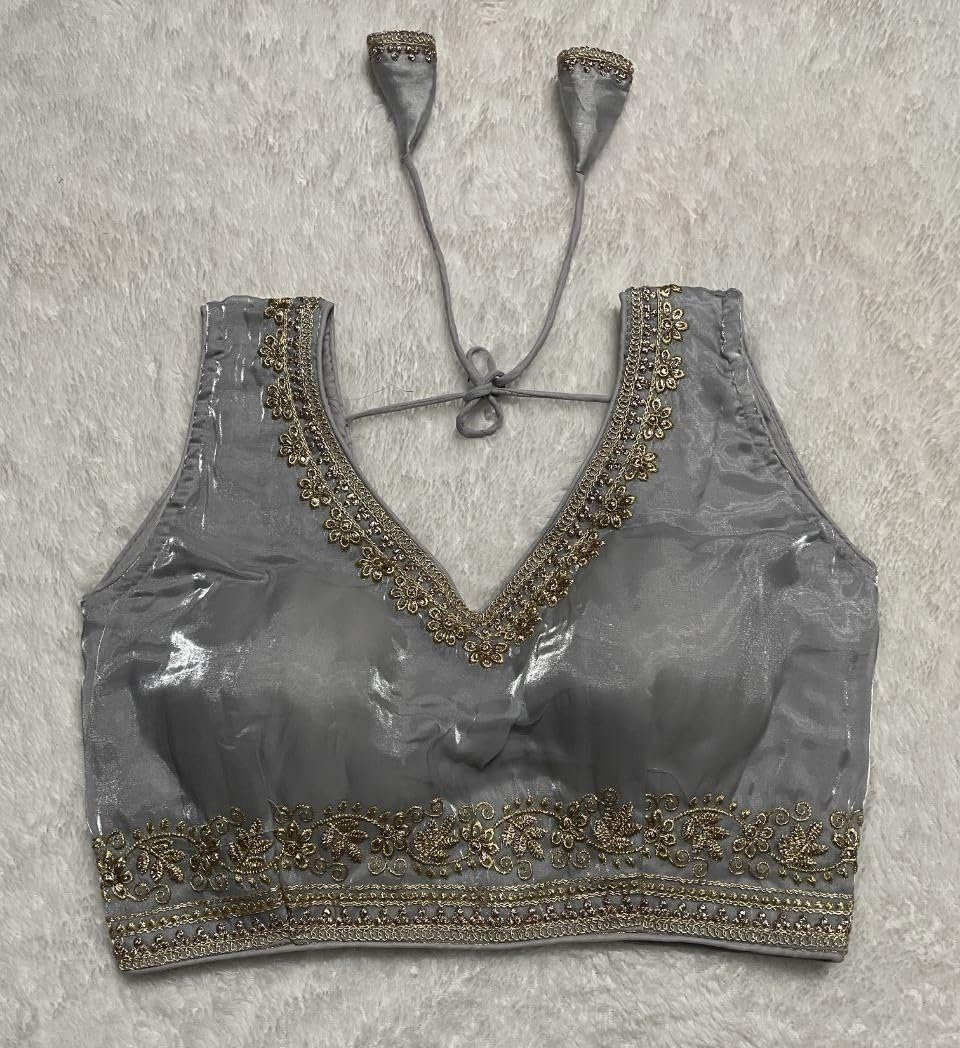 Vihu Fashion Womens Readymade Sleeveless blouseIndian Ethnic Designer Blouse Jimmy Choo Fabric Embroidered V Neck Blouse Back H